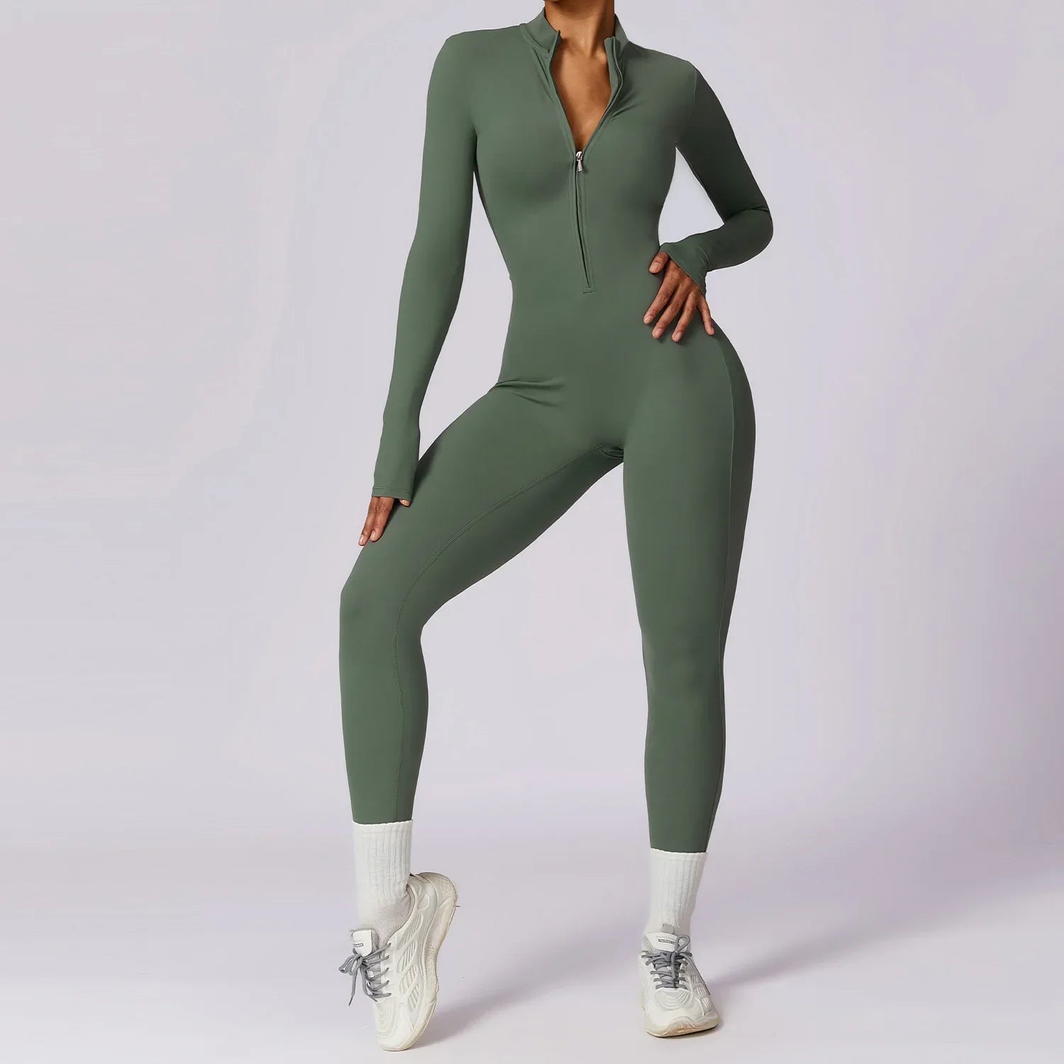 Gym Zipper Jumpsuit Yoga Boilersuit Long Sleeved Women'S Sportswear Workout High-Intensity Fitness One-Piece Skin-Tight Garment