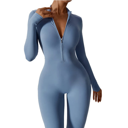 Gym Zipper Jumpsuit Yoga Boilersuit Long Sleeved Women'S Sportswear Workout High-Intensity Fitness One-Piece Skin-Tight Garment